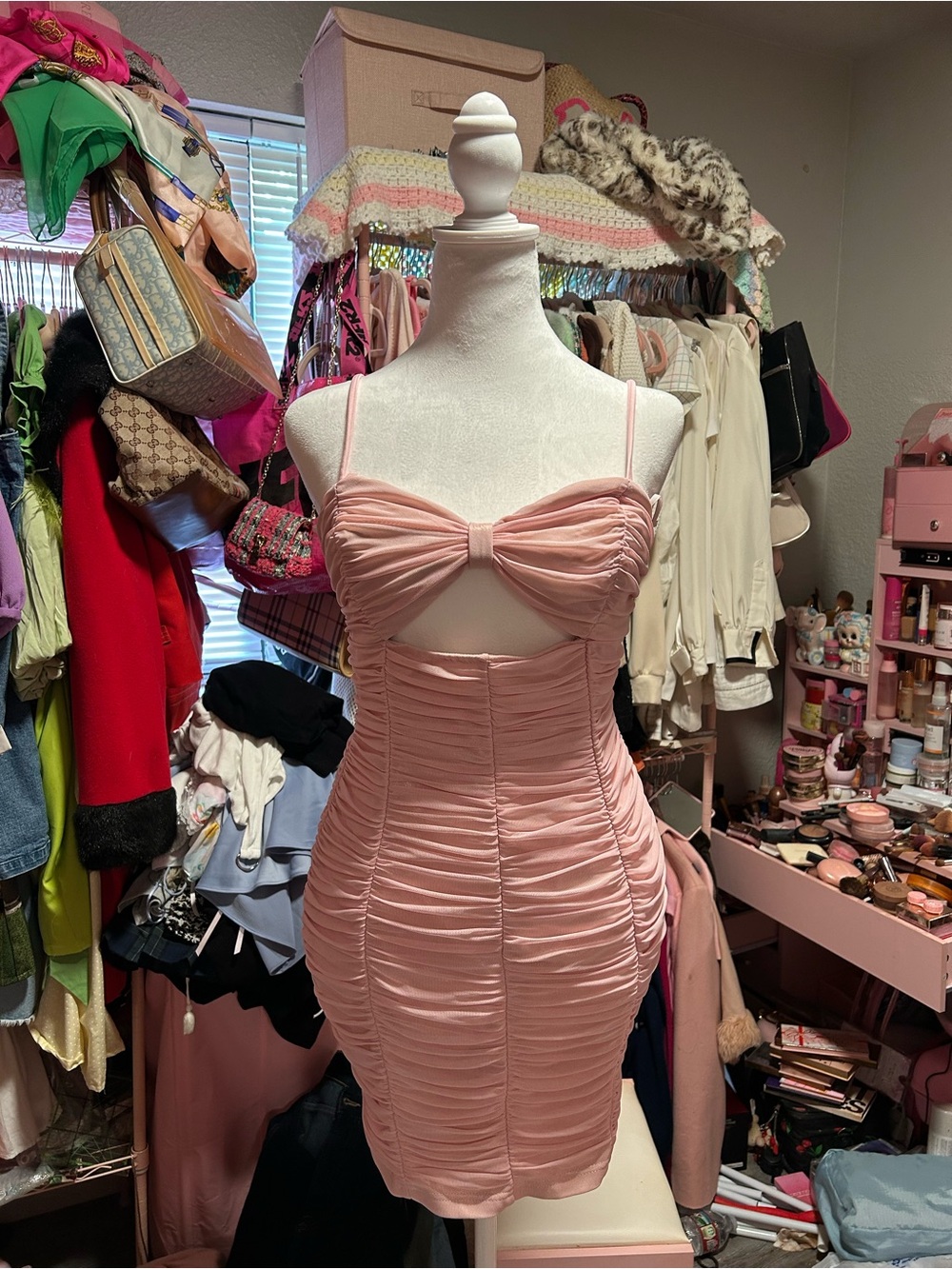 Blush Ruched Cutout Mini Dress with Spaghetti Straps